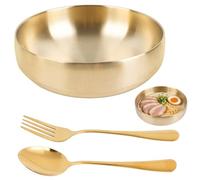 Akamino 47oz/1400ml Gold Salad Bowl with Stainless Steel Fork & Spoon, Double-Walled Large-Capacity Mixing Bowl, Heat-Insulated Kitchen Serving Bowl for Prepping & Food Prep