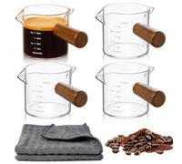 Akamino 6 Pack Espresso Cups with Wood Handle, 75ml/2.5oz Espresso Glasses with Dual Scale, Coffee Shot Glass with V-Shaped Mouth, Clear Glass Milk Frothing Pitcher for Home Barista Beverage