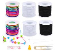 Akamino 6 Rolls Elastic Cord 1mm x 50M, Bead Elastic String with Leads,Threaders and Scissors for Bracelet Making, Round Hat Stretchy Nylon Cord Jewelry Thread for Craft DIY, Black White Rainbow