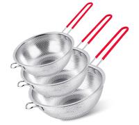 Akamino Stainless Steel Colander Set of 3, Perforated Strainer with Long Handles, Metal Sieve Rice Wash Basket, Spaghetti Strainer for Kitchen Food Vegetables &Fruits (Silicone Grip, 16.5/19.5/22.5cm