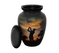 Akanksha Arts Small 6 x 4 inch Brass Cremation Urn Memorial Container - 650 ml, Lovely Golfer Design. Rare Handicraft,
