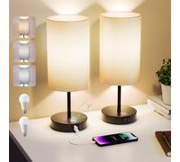 Akari Miya Bedside Lamps Set of 2, Touch Lamps Bedside with USB A+C Charging Ports, 3-Way Dimmable Table Lamp with E27 LED Bulbs, Fabric Shade, Metal Base for Bedroom, Living Room & Nightstand (Gray)