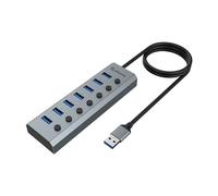 Akasa Powered USB Hub, Aluminium 7 USB Port with 3.2 Gen 1 (5Gbps) Superspeed and Individual Switch for PC Laptop, Desktop and More, Both UK/EU Plugs Included, AK-HB-21BKCM