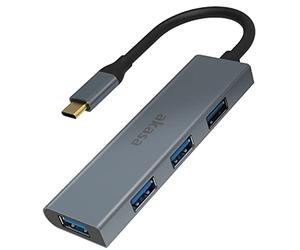 Akasa Type-C 4 Port USB 3.0 Hub Silver | Aluminium Finish Docking Station | 4-in-1 USB Multi-port Adapter | Space Grey | 5Gbps Data Transfer | Compatible with MacBook, Dell, Lenovo | AK-CBCA25-18BK