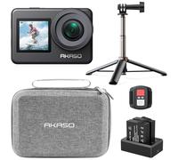 AKASO Brave 7 Action Camera Selfie Stick Bundle - Includes Brave 7 Underwater Camera, Native 4K EIS 2.0 Dual Screen, Selfie Stick, 2 Batteries, Carrying Case, and Accessory Kits