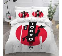 AKATIE Bedding Tokyo Duvet Cover Set Kids Girls Teens Boys Single Bedding Japan White Soft Microfiber Comfortable Single Bed Duvet Cover with 2 Pillow Cases（135x200）