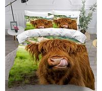AKATIE Small Double Duvet Cover Highland Cattle Bedding Polyester Microfiber Anti-Allergic 3 Pieces Cow Animal Quilt Cover Childrens Bedding Double Bed set Zipper（200x200）