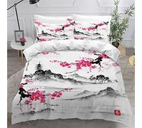AKATIE Small Double Duvet Cover Japanese-style Bedding Polyester Microfiber Anti-Allergic 3 Pieces Cherry Blossom Branch Quilt Cover Childrens Bedding Double Bed set Zipper（200x200）