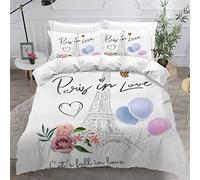 AKATIE Small Double Duvet Cover Paris Eiffel Tower Bedding Polyester Microfiber Anti-Allergic 3 Pieces Hand Drawn Style Quilt Cover Childrens Bedding Double Bed set Zipper（200x200）