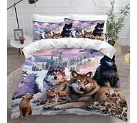 AKATIE Small Double Duvet Cover Wolf Bedding Polyester Microfiber Anti-Allergic 3 Pieces Winter Landscape Quilt Cover Childrens Bedding Double Bed set Zipper（200x200）