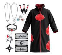 Akatsuki Cloak Anime Coat Costume Cape- 15 Pcs Unisex Ninja Cosplay Set | Ninja Long Robe Men Black Cloak with Headband Rings Necklaces Fancy Dress Boys Manga Fans Outfit for Halloween Carnival Party