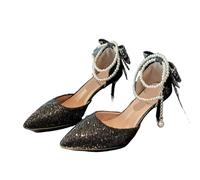 AKDJGFP Bridal Shoes Pointy Shallow Mouth Temperament Elegant Sequin Bow High Heels Women's Fine Heel Pearl Line(Black7cm,39)