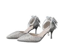 AKDJGFP Bridal Shoes Pointy Shallow Mouth Temperament Elegant Sequin Bow High Heels Women's Fine Heel Pearl Line(Silver7cm,36)