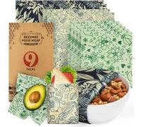 Akeeko Reusable Beeswax Food Wraps - Assorted 9 Packs, Reusable, Plastic-Free Food Storage, 5 Small, 2 Medium, 1 Large, 1 Extra Large Wraps with Flower and Birds Pattern