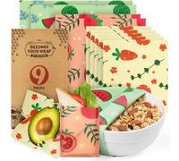 Akeeko Reusable Beeswax Food Wraps - Assorted 9 Packs, Reusable, Plastic-Free Food Storage, 5 Small, 2 Medium, 1 Large, 1 Extra Large Wraps with Cute Fruits Pattern