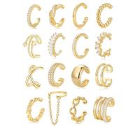 AKEOQI 16 Pcs Ear Cuff Earrings Non Piercing Cubic Zirconia Ear Cuffs for Women Silver Gold Plated Clip on Cartilage Helix Wrap Fake Earrings Jewelry, Copper, Cubic Zirconia