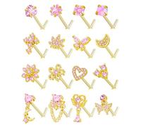 Akeoqi 16Pcs L Shaped Nose Piercing Stainless Steel Pink CZ Opal Butterfly Flower Leaf Heart Moon Star Pendant Body Piercing Jewelry for Women Men 20G Gold Tone Silver, Stainless Steel, No Gemstone