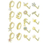 Akeoqi 18Pcs Nose Rings Hoops L Shape Nose Studs Screw Bone CZ Butterfly Flower Cross Leaf Star Crown Heart Nose Nostril Piercings Jewelry Set For Women Men Gold Silver Tone 20G, Stainless Steel