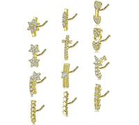 Akeoqi 6-12Pcs Nose Studs Nose Ring Inlaid Cubic Zirconia L Shaped Studs Lotus Star Heart Nose Nostril Piercing Jewelry for Women Men Sliver Gold Rose Gold Tone 20G, Copper, Cubic Zirconia