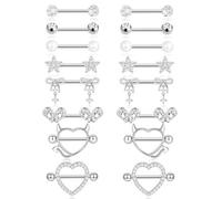Akeoqi 8 Pairs Nipple Rings 14G Stainless Steel Bow CZ Ball Flower Devil Heart Pearl Straight Barbell Tongue Ring Nipplerings Piercing Jewelry for Women Pink Silver Tone 16mm, Cubic Zirconia Copper