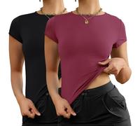 AKEWEI Long Sleeve Crop Tops for Women 2 Pack Fall Going Out Outfits Cute Tight Basic Tees Shirt, Aa-black&dark Rose Red, S
