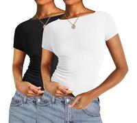 AKEWEI Long Sleeve Crop Tops for Women 2 Pack Fall Going Out Outfits Cute Tight Basic Tees Shirt, Aa-black&white, S