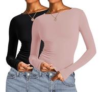 AKEWEI Long Sleeve Crop Tops for Women 2 Pack Fall Going Out Outfits Cute Tight Basic Tees Shirt, One Black and One Pink, S