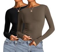 AKEWEI Long Sleeve Crop Tops for Women 2 Pack Fall Going Out Outfits Cute Tight Basic Tees Shirt, One Black and One Otter Brown, S