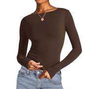 AKEWEI Long Sleeve Crop Tops for Women Fall Going Out Outfits Cute Tight Basic Tees Y2K Shirt, Dark Brown, L