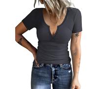 AKEWEI Women's Basic Soft Tops Comfortable Long Sleeve Clothes Cute V Neck Ribbed Knit Shirts Casual Tunic Fall Blouse, E0_grey_short Sleeve, L