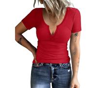 AKEWEI Women's Basic Soft Tops Comfortable Long Sleeve Clothes Cute V Neck Ribbed Knit Shirts Casual Tunic Fall Blouse, E0_red_short Sleeve, XXL