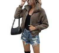 AKEWEI Women's Lapel Fleece Shearling Jacket Cropped Teddy Bear Jacket Zipper Faux Fur Coat, Coffee, Medium