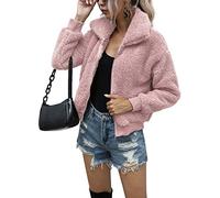 AKEWEI Women's Lapel Fleece Shearling Jacket Cropped Teddy Bear Jacket Zipper Faux Fur Coat, Pink, Medium