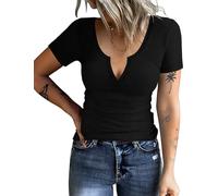 AKEWEI Women's Short Sleeve Tops Soft V Neck Ribbed Knit Shirts Basic Comfortable Clothes Tunic, B2_black_short Sleeve, L