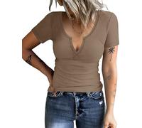 AKEWEI Women's Short Sleeve Tops Soft V Neck Ribbed Knit Shirts Basic Comfortable Clothes Tunic, B2_khaki_short Sleeve, L