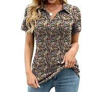 AKEWEI Womens V Neck Polo Shirts Short Sleeve Collared Tops Loose Casual Tunic Blouses with Pocket, Army Green Floral, X-Large