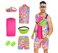 AKFJDLAD 80s 90s Men Workout Costume Outfit Retro Neon Cosplay Swimwear Set with Accessories Hat Waist Bag Wristband (XL)