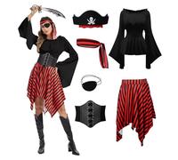 AKFJDLAD Adult Pirate Costumes for Women Halloween Queen Costumes Renaissance Shirts Pirate Skirts Turbans Waistbands Eye Masks (Black, L)