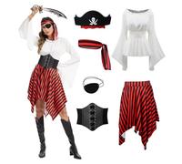 AKFJDLAD Adult Pirate Costumes for Women Halloween Queen Costumes Renaissance Shirts Pirate Skirts Turbans Waistbands Eye Masks (White, M)