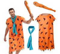 AKFJDLAD Halloween Adult Caveman Cosplay Costume Prehistoric Stone Age Orange Print Tunic Costume with Sticks (3XL)