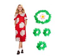 AKFJDLAD Hawaiian Adult Red Leaf Print Dress for Women Halloween Cosplay Costume Outfit with Hawaiian Lei and Flower Hair Clips (L)