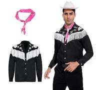 AKFJDLAD Men Western Classic Shirt Cowboy Costume Halloween Long Sleeve Black Printed Shirt with White Fringe Cosplay Costume with Scarf (3XL)