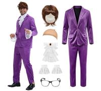 AKFJDLAD Mens 60s Spy Costume Halloween Classic Movies Spy Costume | 60s Swinger Spy Costume Jacket Pant with Lace neckline Glasses Wig and Wig Cap Halloween Fancy Dress Cosplay