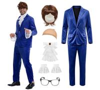 AKFJDLAD Mens 60s Spy Costume Halloween Classic Movies Spy Costume | 60s Swinger Spy Costume Jacket Pant with Lace neckline Glasses Wig and Wig Cap Halloween Fancy Dress Cosplay