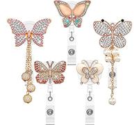 Akfldms 5Pcs Retractable Badge Holder Reel, Butterfly Handmade Bling Rhinestone ID Badge Holders with Clip, for Volunteer Nurses