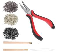 Akfldms Hair Extension Tool Kit 5mm Silicone Lined Micro Rings, Red Curved Nose Pliers Wooden Crochet Hook, for Hair Extension