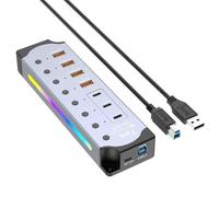 Akfldms Powered USB Hub 10Gbps USB-C & USB-A Hub with Individual On/Off Switches 12V Power Adapter UK Plug