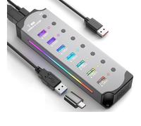 Akfldms USB 3.0 Hub High Speed 7-In-One Splitter USB 3.0 RGB Aluminum Gaming Design Individual Power Switches for Laptop PC