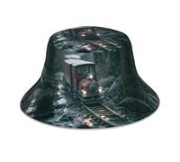AKGFFDS Reflective Double-Sided Bucket hat Small Train on Tracks Printing Foldable for Beach, Camping Black