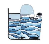 AKGFFDS Waves lapping at the rocks Printing Kitchen baking two-piece set of high-end heat-resistant gloves and insulation pads cooking set